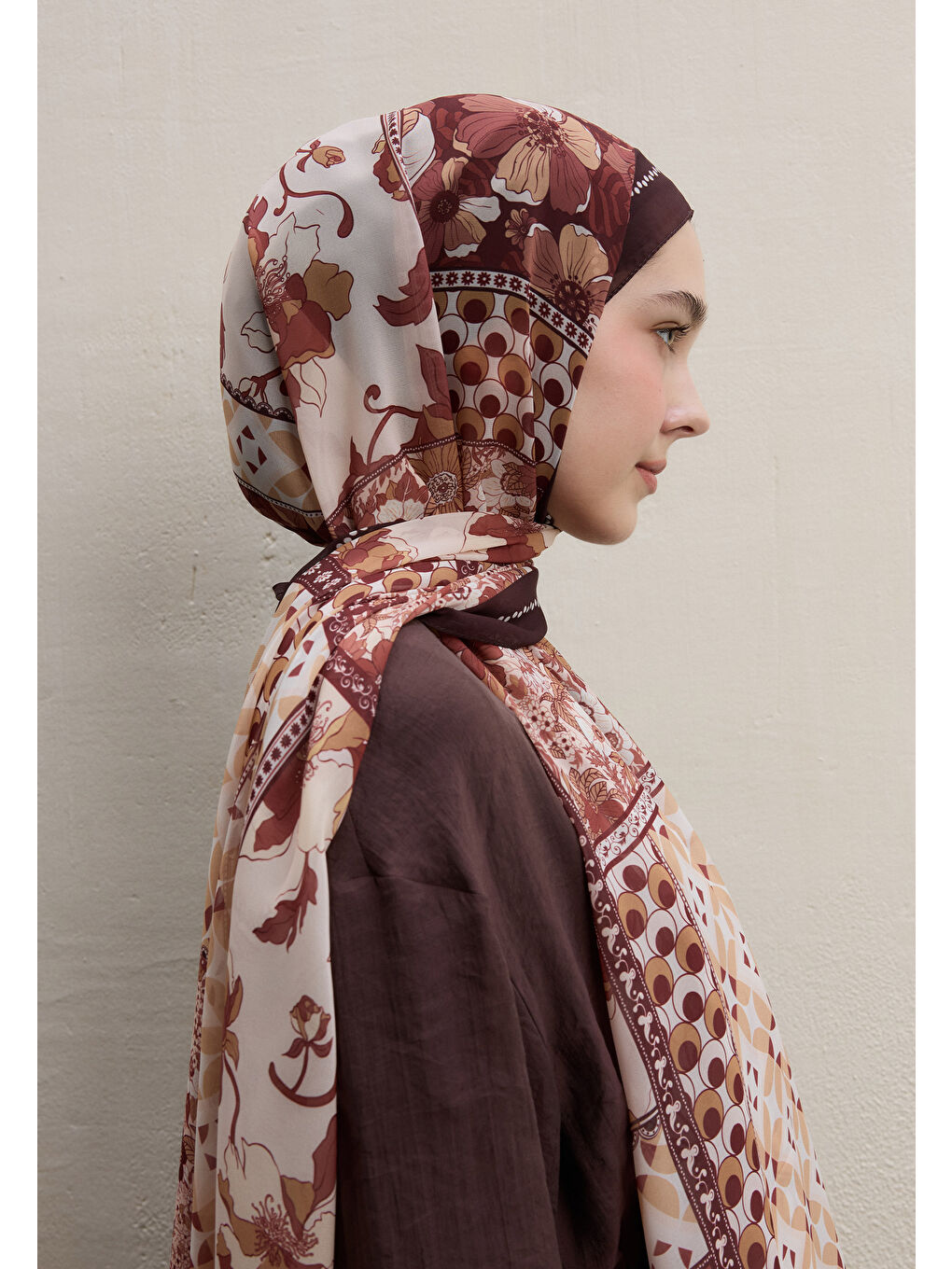 Kahverengi Wıld Botanıcal Desen İpek Krep Şal Sıcak Kahve-4