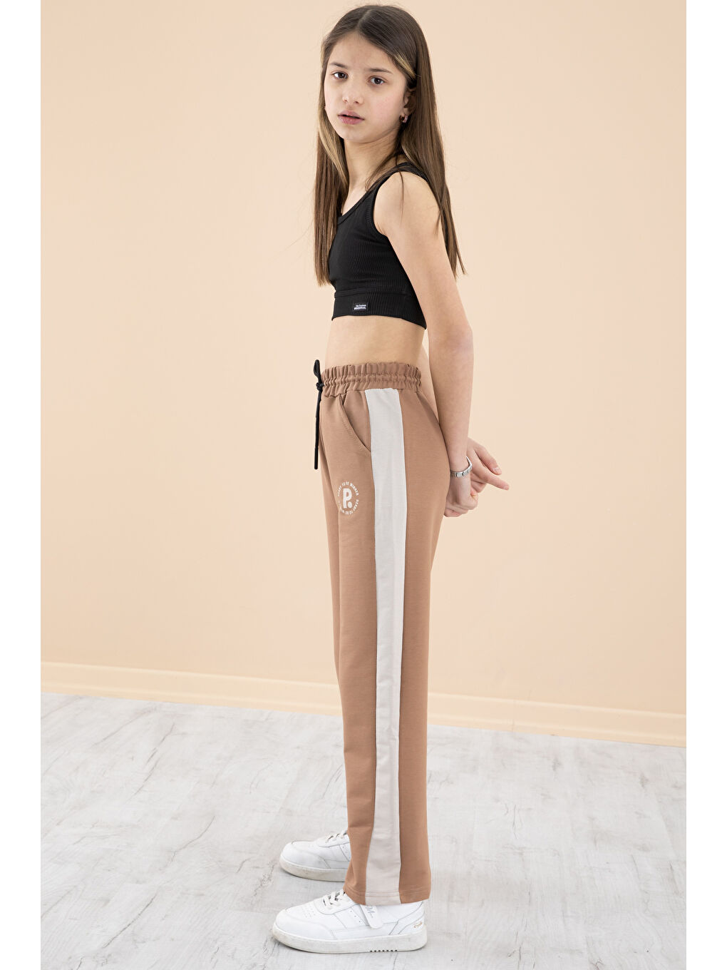 Kahverengi Kahve Garnili Geniş Paça Kız Çocuk Beli Lastikli Eşofman Altı 20196-3