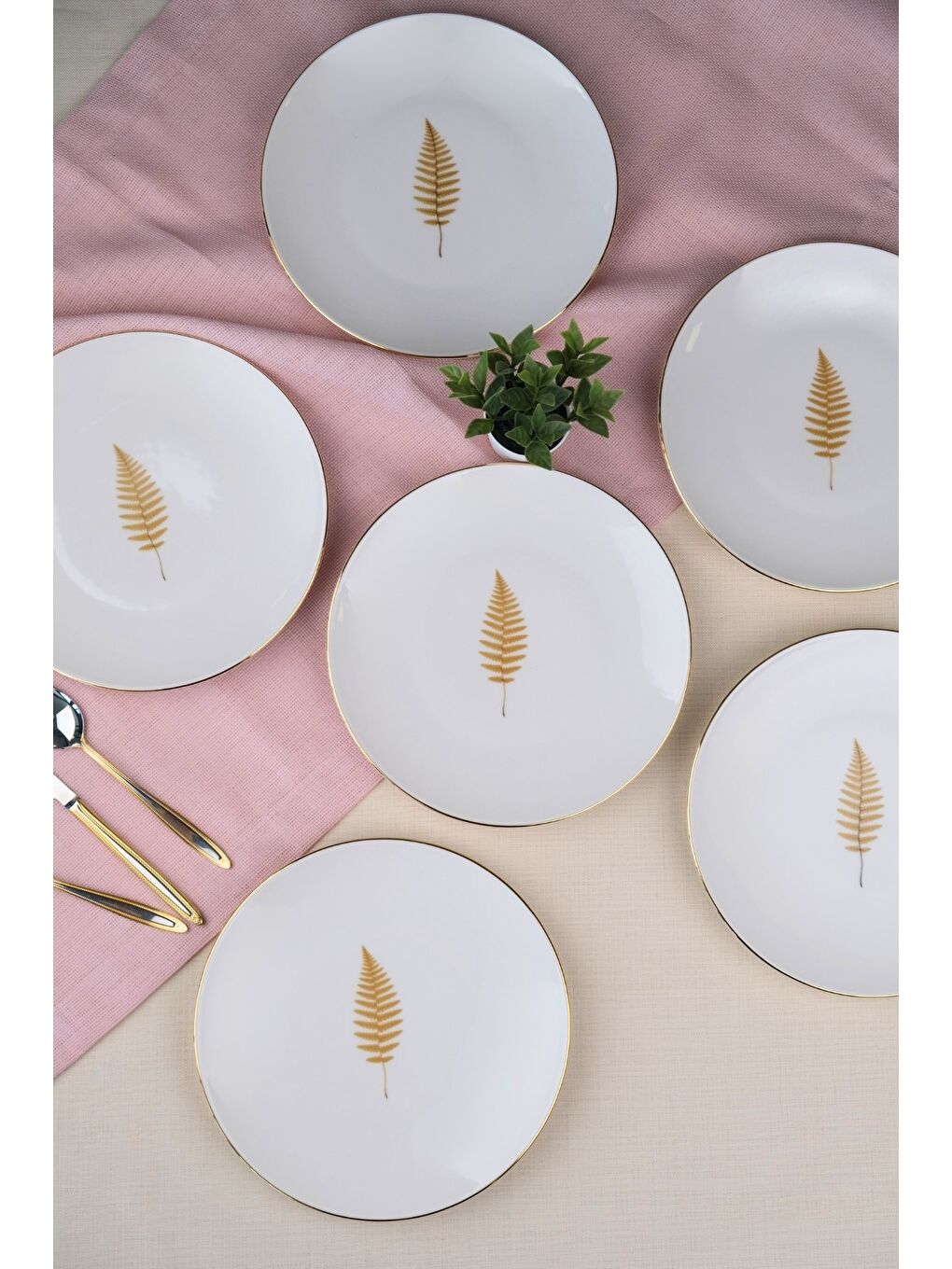 Karışık Porselen Natura Fern Altın Yaldız Pasta Tabağı 20,50cm 6 lı