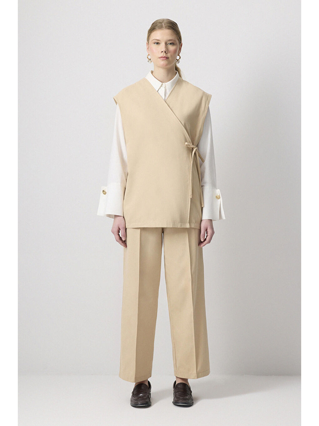 Bej Yelek Pantolon Gabardin Takım