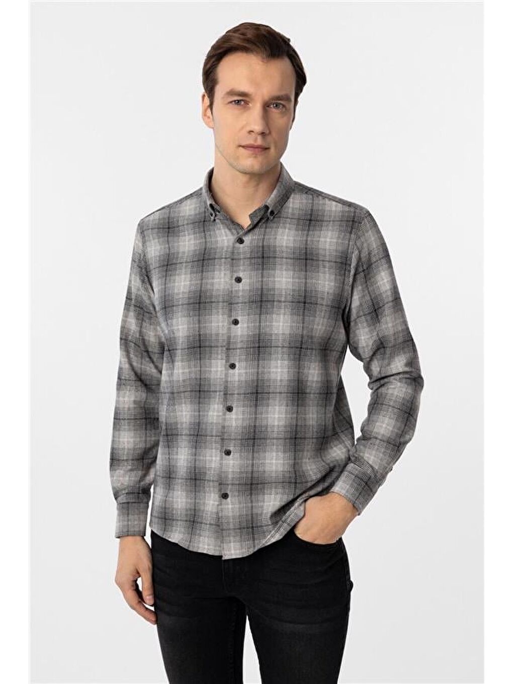 Siyah Slim Düz Düğmeli Yaka Gömlek