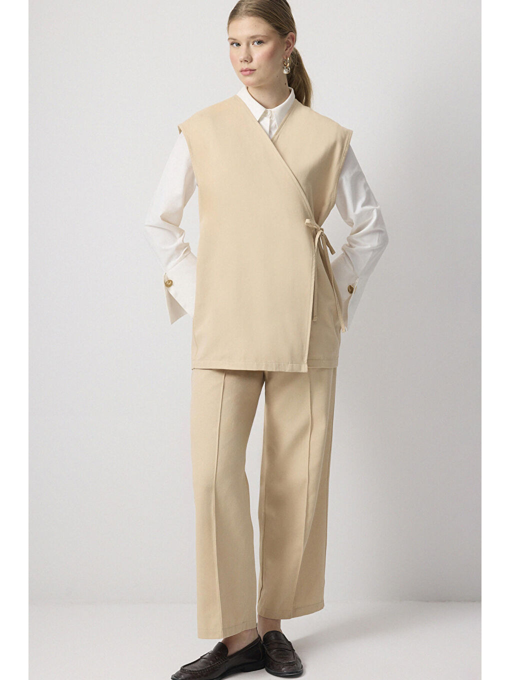 Bej Yelek Pantolon Gabardin Takım-1