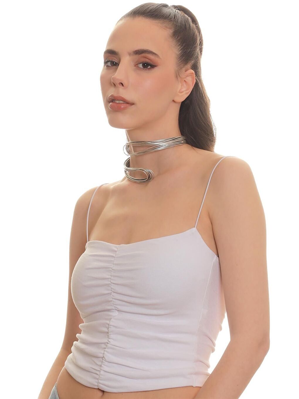 Gri Kadın Açık Bant El Yapımı Tel Sarma Tasarım Kolye & Choker-1