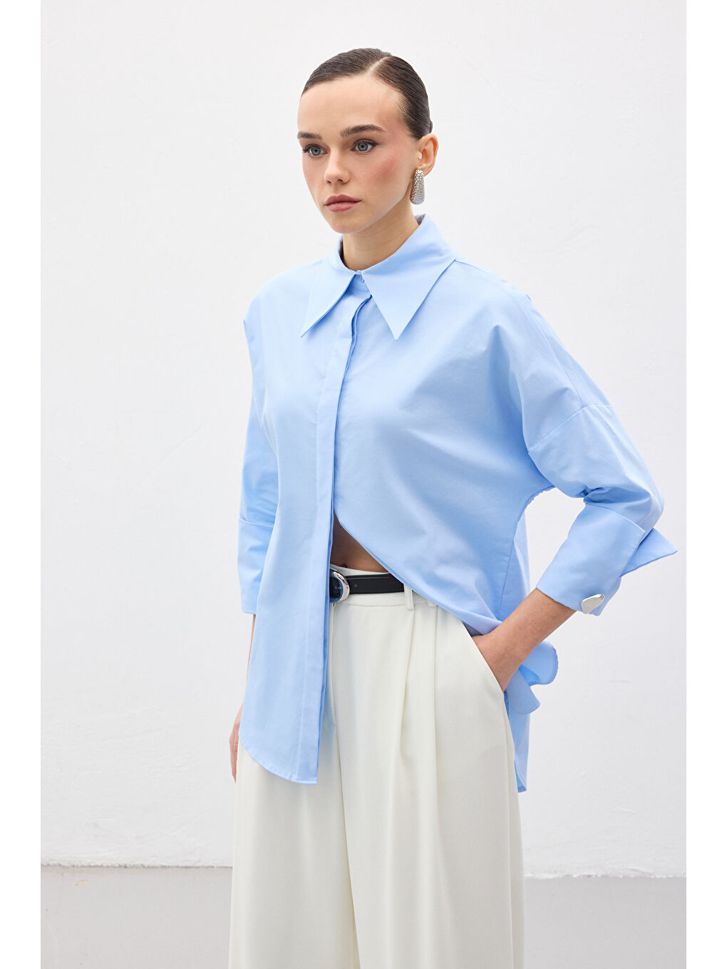 Düğme Detaylı Gömlek - Mavi-1