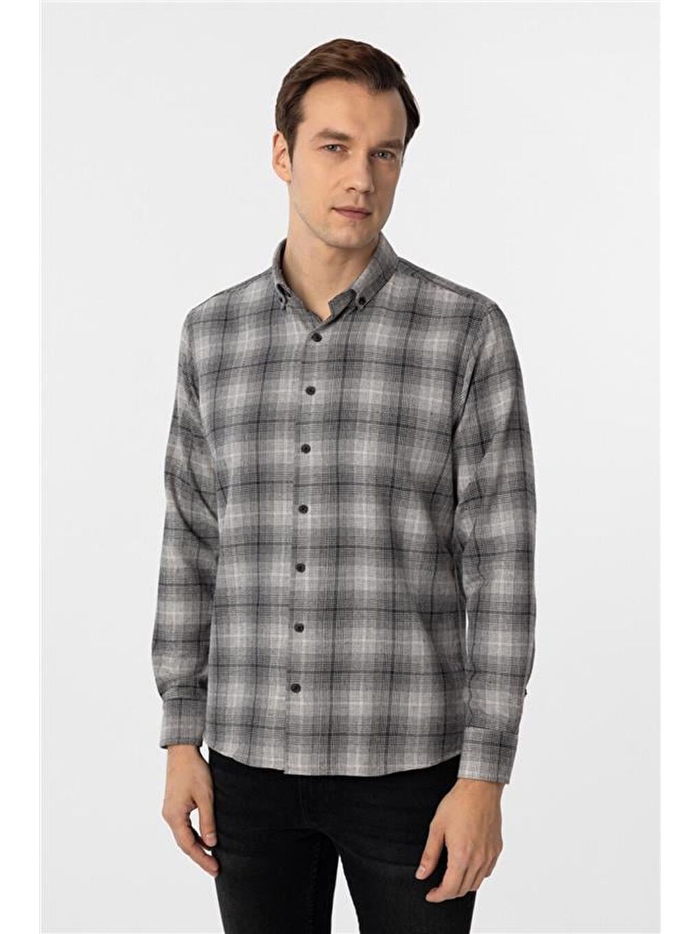 Siyah Slim Düz Düğmeli Yaka Gömlek-2