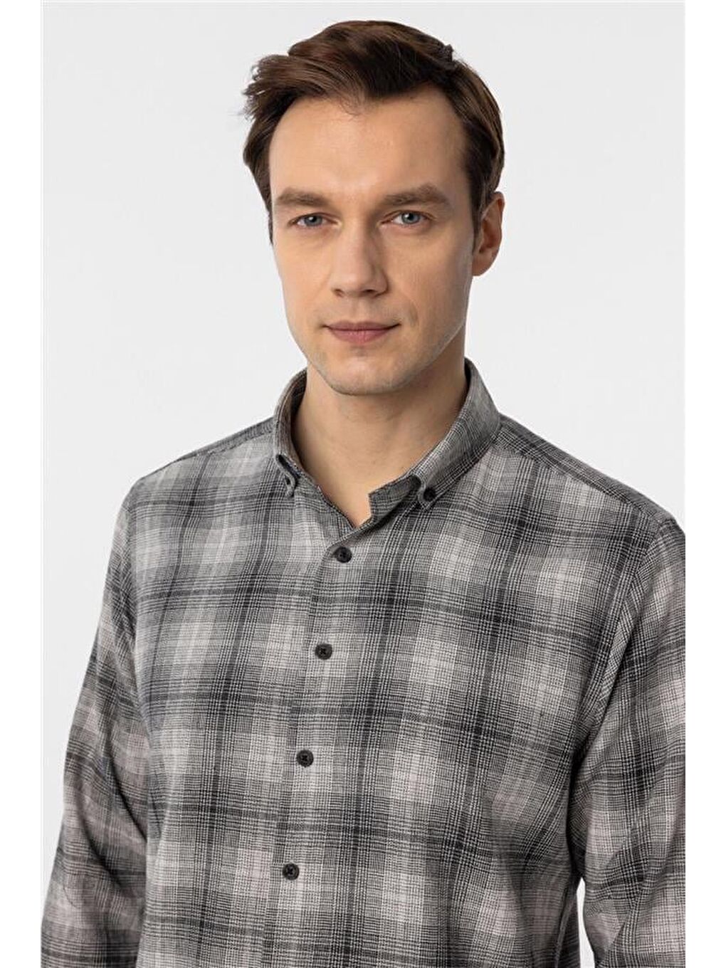 Siyah Slim Düz Düğmeli Yaka Gömlek-3