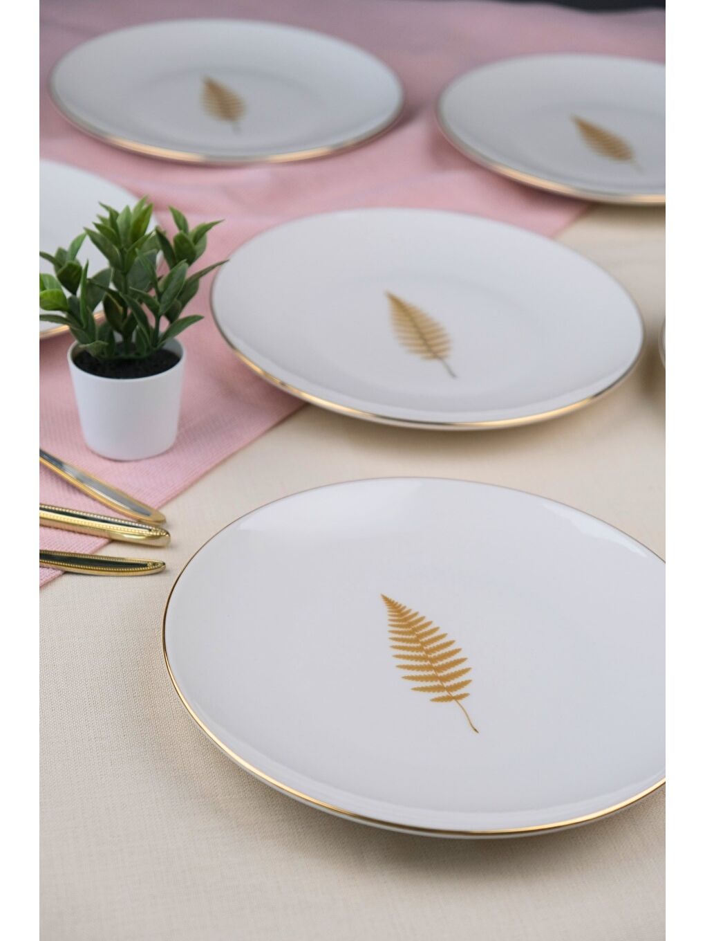 Karışık Porselen Natura Fern Altın Yaldız Pasta Tabağı 20,50cm 4 lü-2