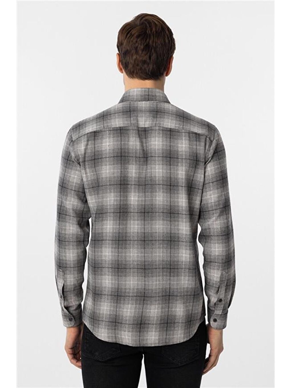 Siyah Slim Düz Düğmeli Yaka Gömlek-4