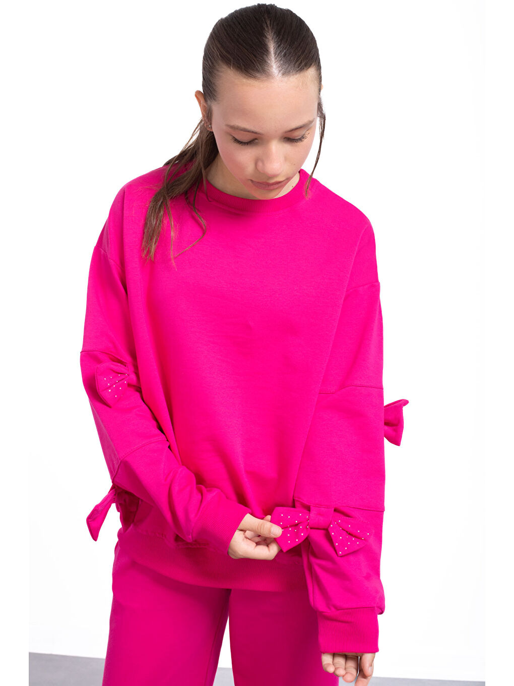 Fuşya Yırtmaçlı Paça Fiyonk Detaylı Kız Çocuk 2li Eşofman Takımı 21212-1