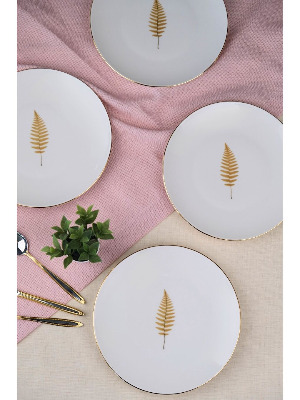 Karışık Porselen Natura Fern Altın Yaldız Pasta Tabağı 20,50cm 4 lü-3