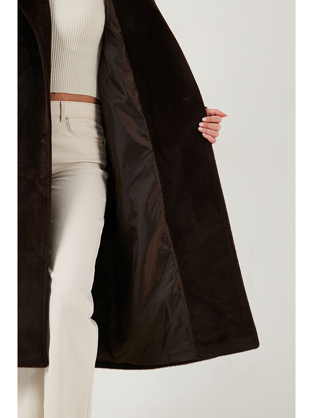 Kahverengi Oversize Kruvaze Yaka Yumuşak Dokulu Uzun Trençkot 6839610-5