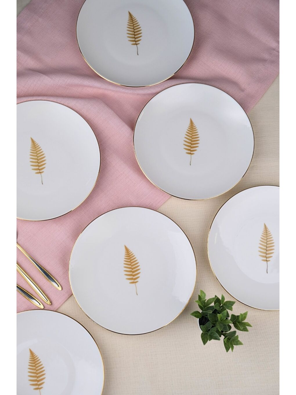 Karışık Porselen Natura Fern Altın Yaldız Pasta Tabağı 20,50cm 6 lı-1