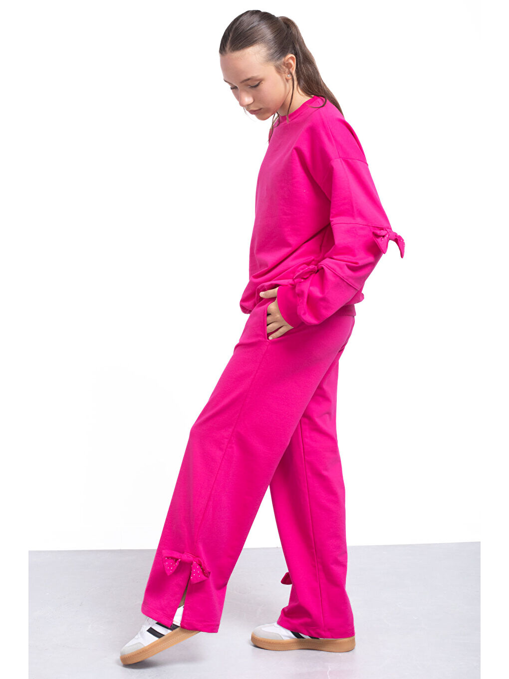 Fuşya Yırtmaçlı Paça Fiyonk Detaylı Kız Çocuk 2li Eşofman Takımı 21212-2