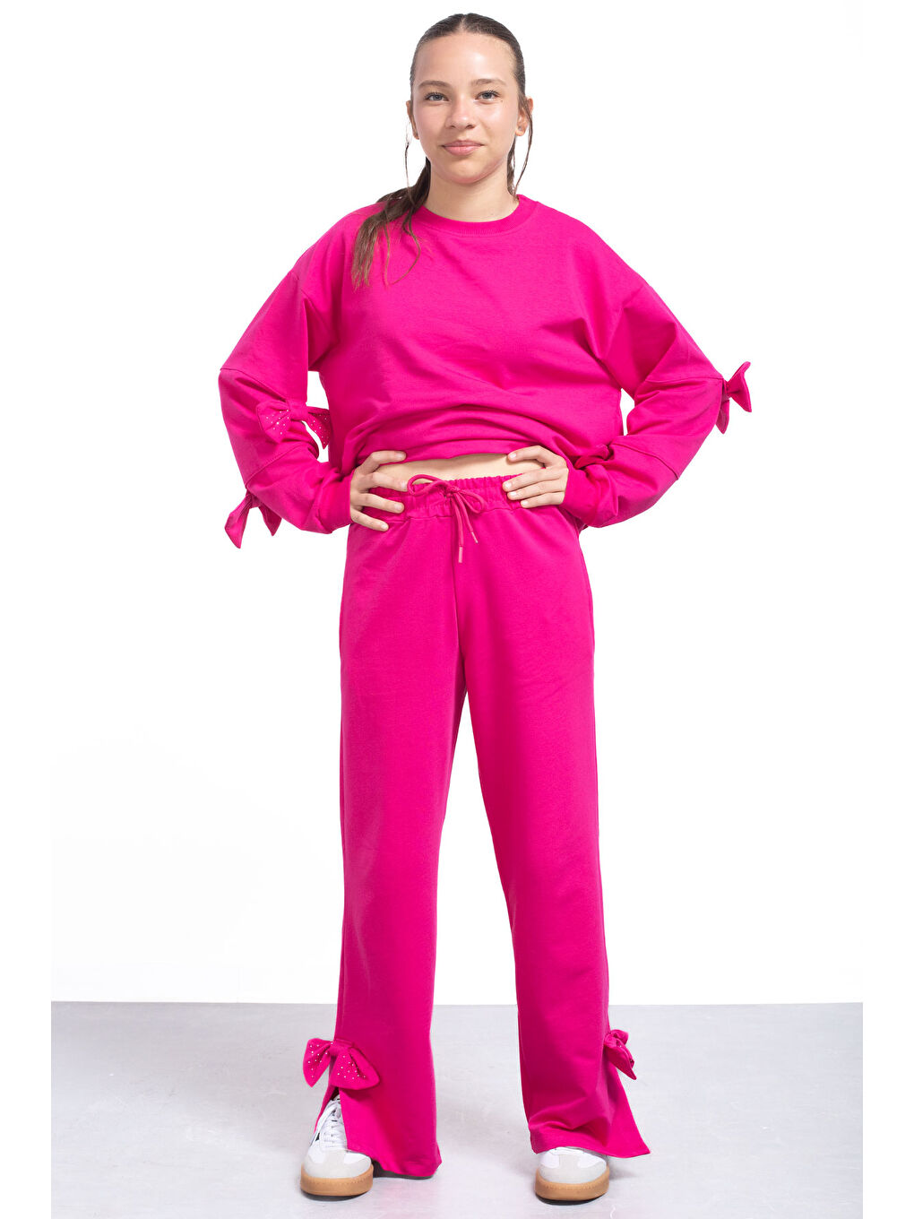 Fuşya Yırtmaçlı Paça Fiyonk Detaylı Kız Çocuk 2li Eşofman Takımı 21212-3