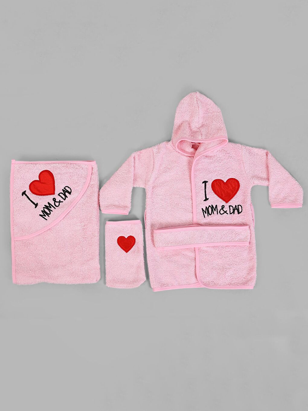 Pembe Kapüşonlu Kız Bebek Bornoz Set 3 lü