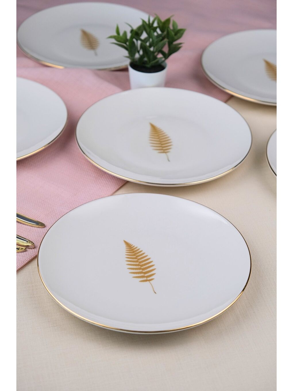 Karışık Porselen Natura Fern Altın Yaldız Pasta Tabağı 20,50cm 6 lı-2