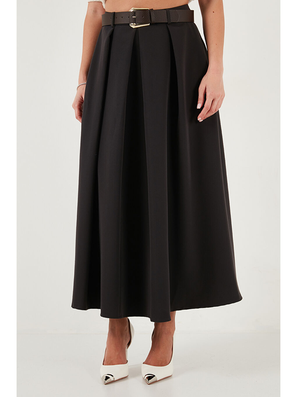 Kahverengi Modest Kemerli Comfort Fit Yüksek Bel Pileli Kloş Uzun Tesettür Etek 6833360