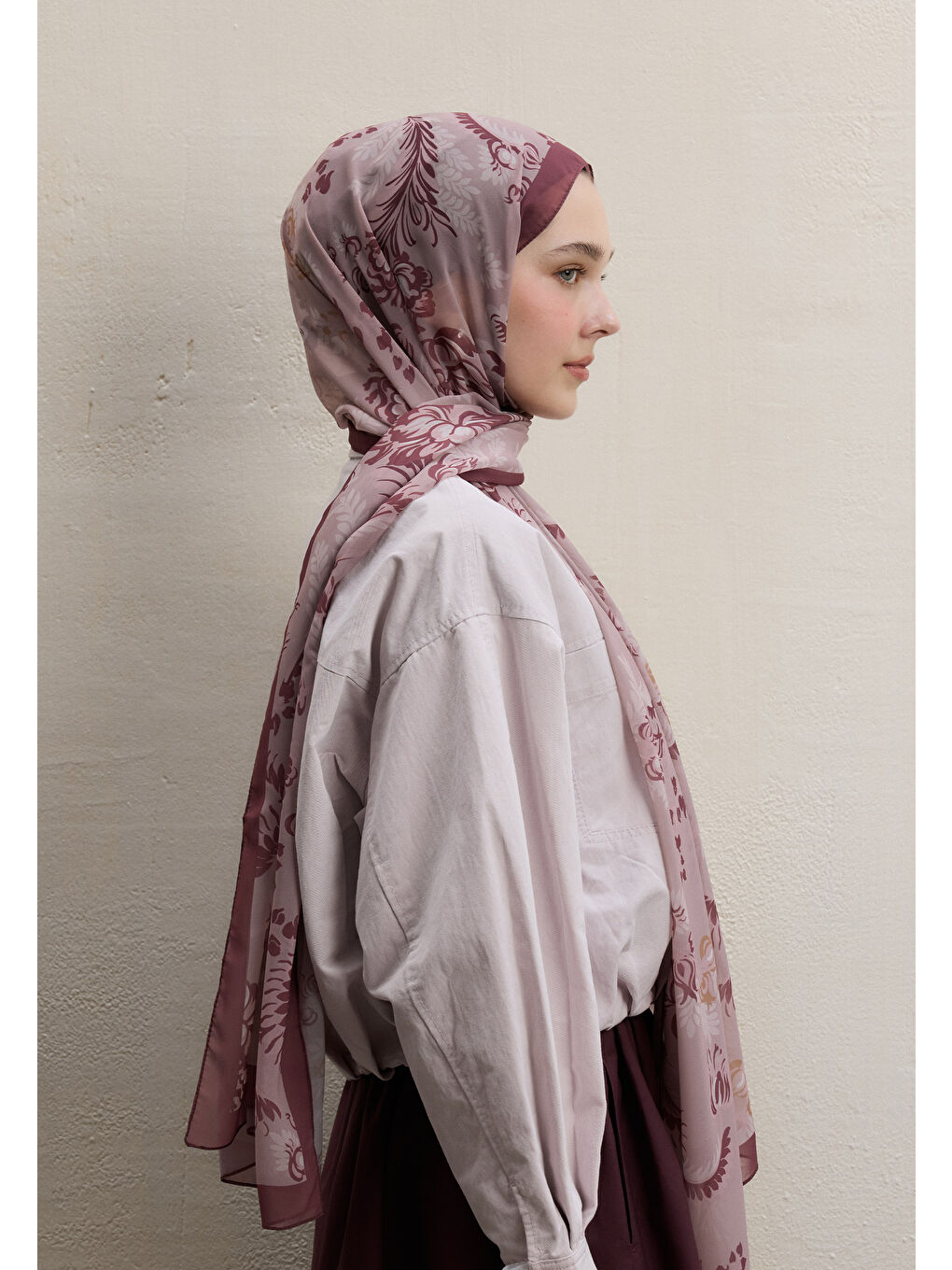 Pembe Rosella Desen İpek Krep Şal Gülkurusu-3