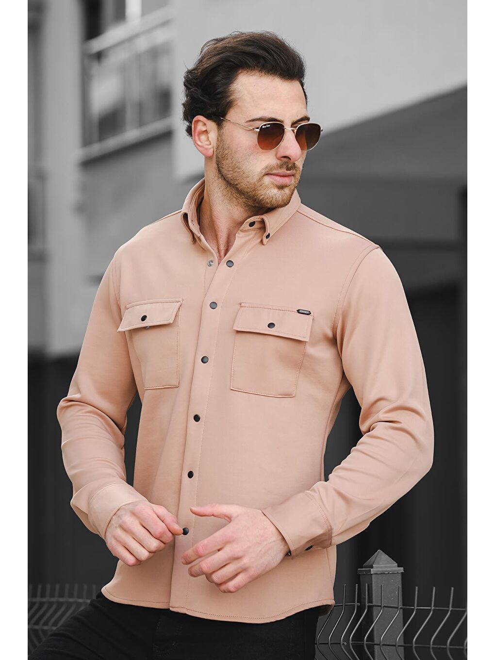 Kahverengi Yx 16703 Çift Cep Kapaklı Çıt Çıtlı Likralı Scuba Kumaş Erkek Gömlek-2