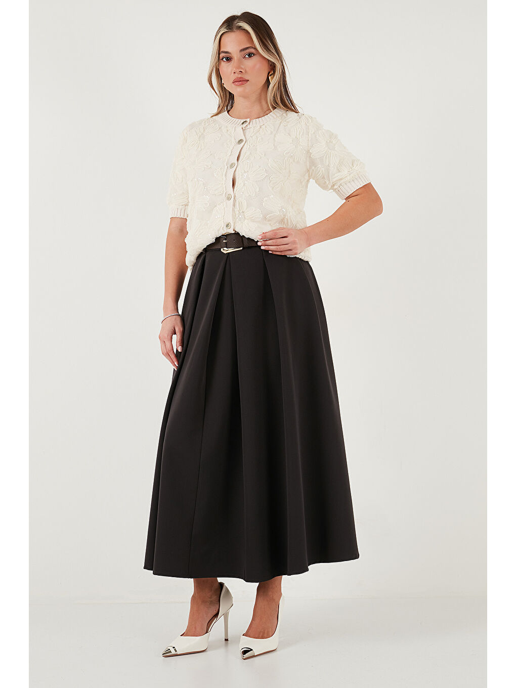 Kahverengi Modest Kemerli Comfort Fit Yüksek Bel Pileli Kloş Uzun Tesettür Etek 6833360-1