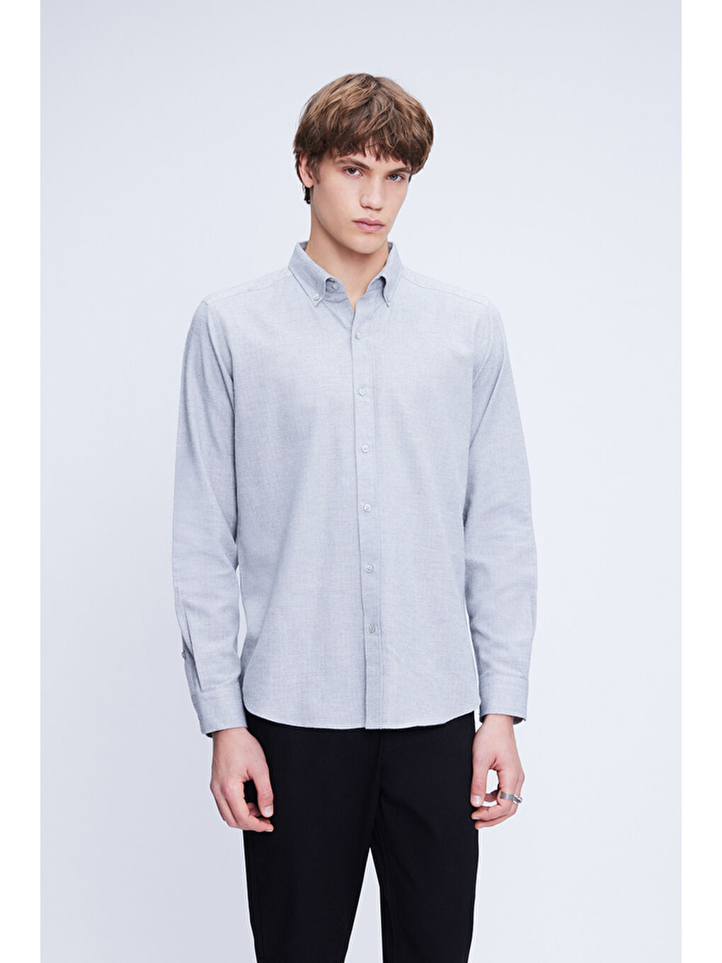 Gri Slim Fit Uzun Kol Düğmeli Yaka Flanel %100 Pamuk Gömlek