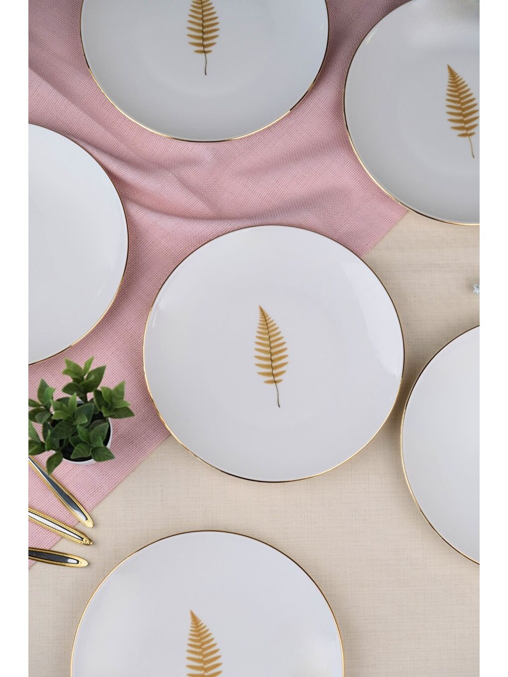Karışık Porselen Natura Fern Altın Yaldız Pasta Tabağı 20,50cm 6 lı-3