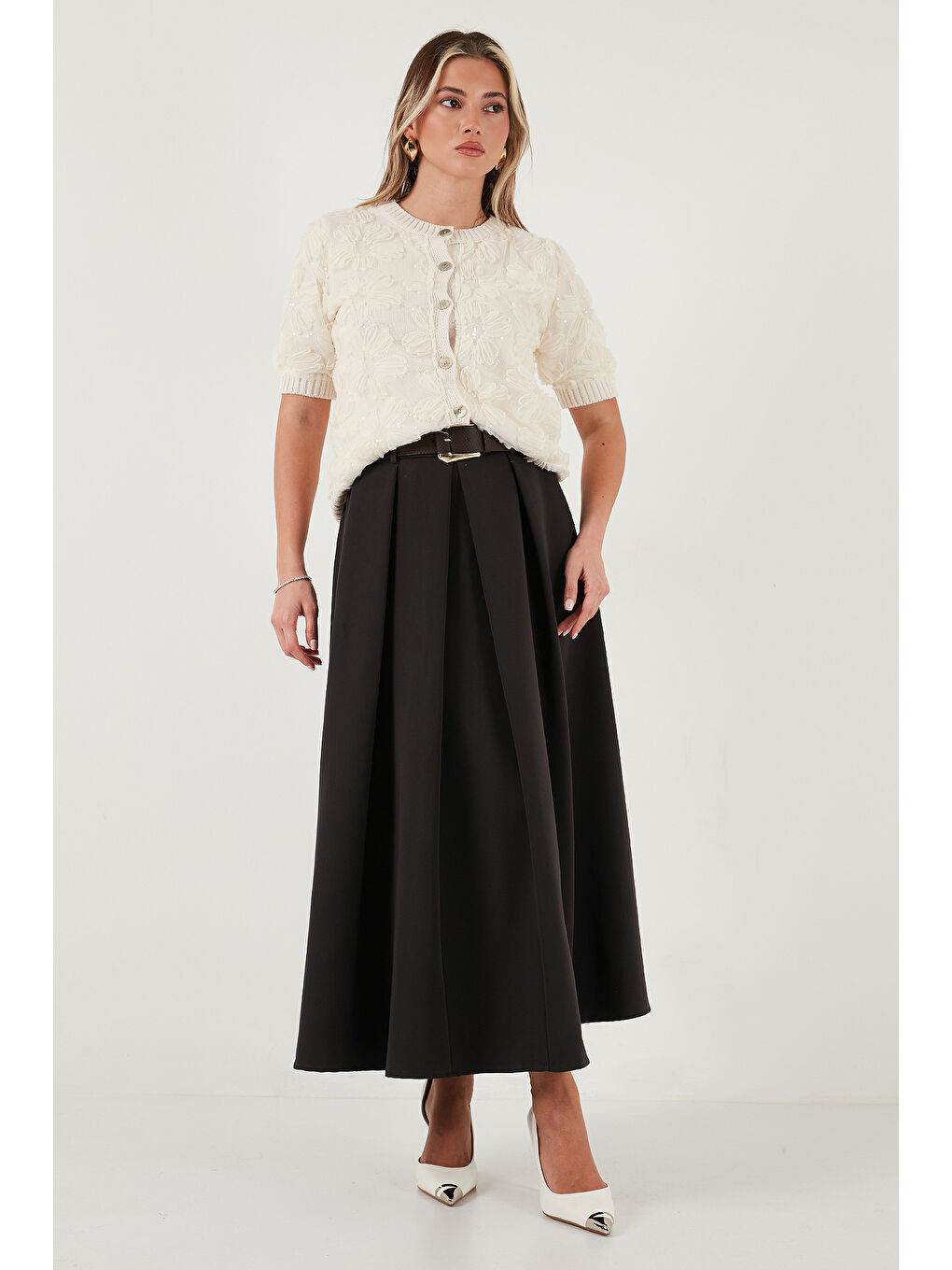 Kahverengi Modest Kemerli Comfort Fit Yüksek Bel Pileli Kloş Uzun Tesettür Etek 6833360-2