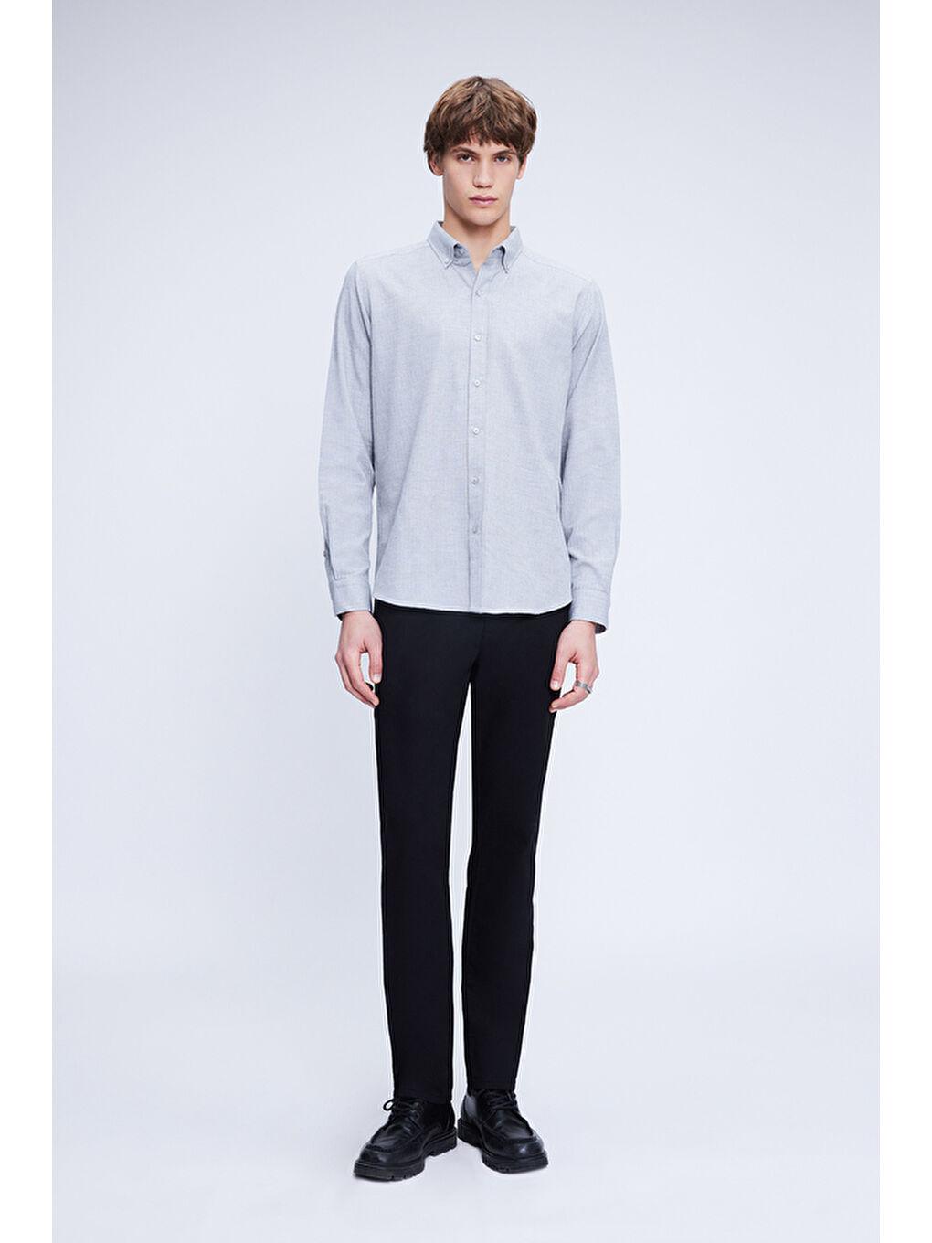 Gri Slim Fit Uzun Kol Düğmeli Yaka Flanel %100 Pamuk Gömlek-1