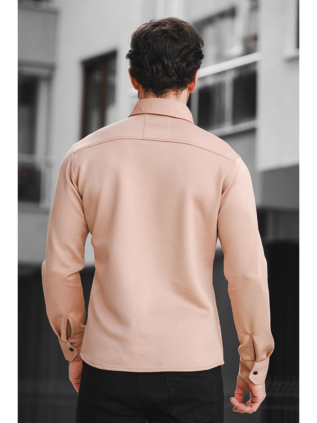 Kahverengi Yx 16703 Çift Cep Kapaklı Çıt Çıtlı Likralı Scuba Kumaş Erkek Gömlek-3