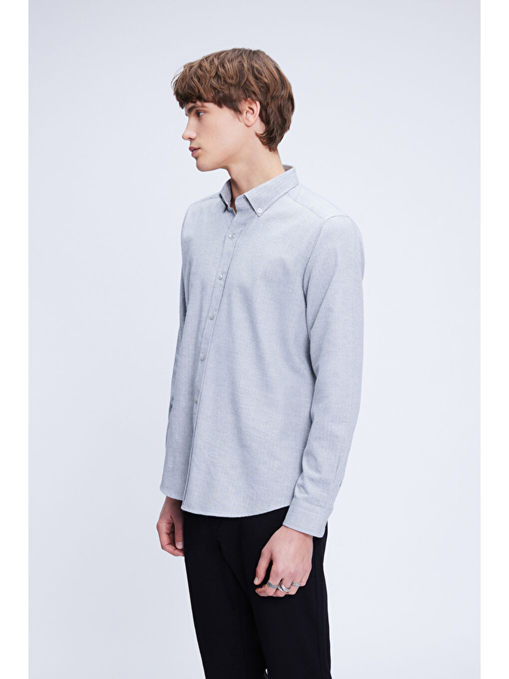 Gri Slim Fit Uzun Kol Düğmeli Yaka Flanel %100 Pamuk Gömlek-2