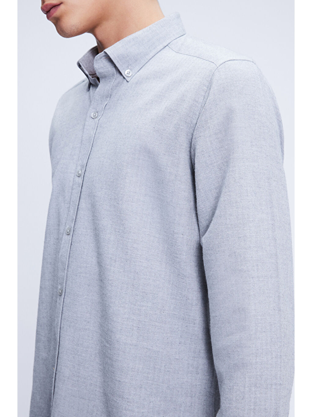Gri Slim Fit Uzun Kol Düğmeli Yaka Flanel %100 Pamuk Gömlek-3