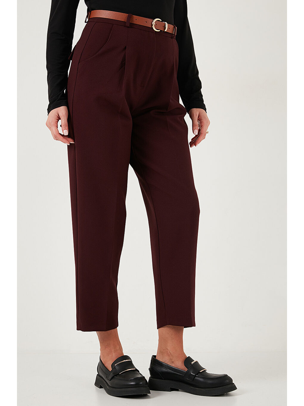 Mürdüm Regular Fit Yüksek Bel Düz Paça Kemerli Pantolon 68350938-3