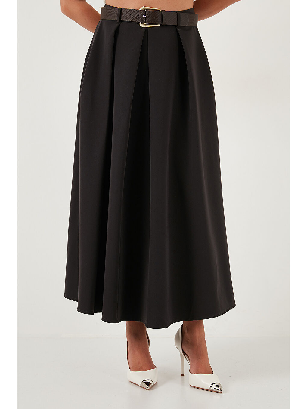 Kahverengi Modest Kemerli Comfort Fit Yüksek Bel Pileli Kloş Uzun Tesettür Etek 6833360-3