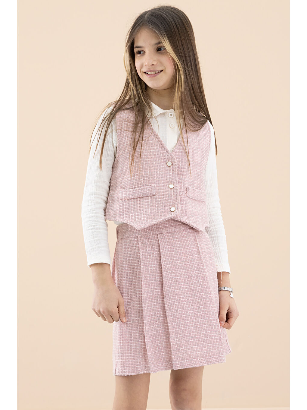 Pembe Simli Yelekli Etekli Kız Çocuk Gömlekli 3lü Takım 20234-2