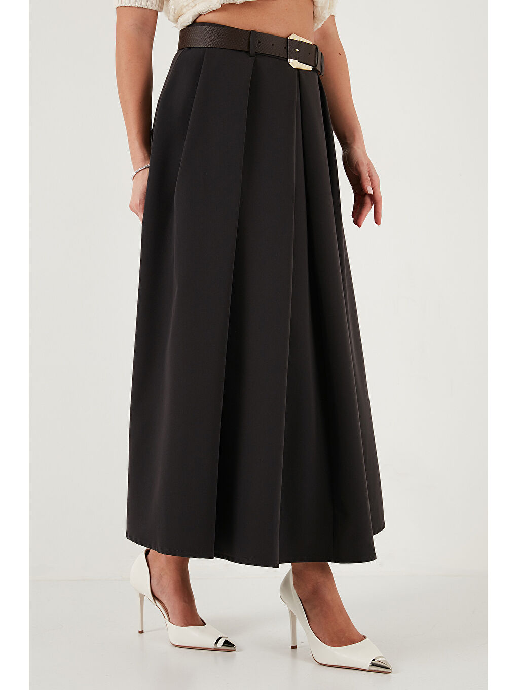 Kahverengi Modest Kemerli Comfort Fit Yüksek Bel Pileli Kloş Uzun Tesettür Etek 6833360-4