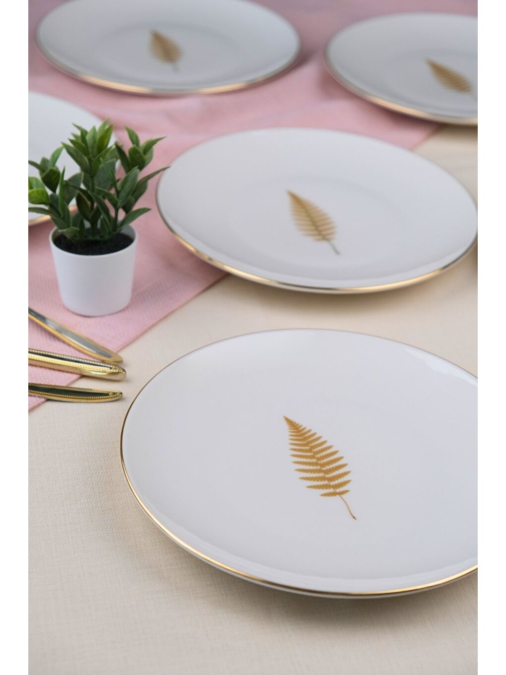 Karışık Porselen Natura Fern Altın Yaldız Pasta Tabağı 20,50cm 6 lı-4