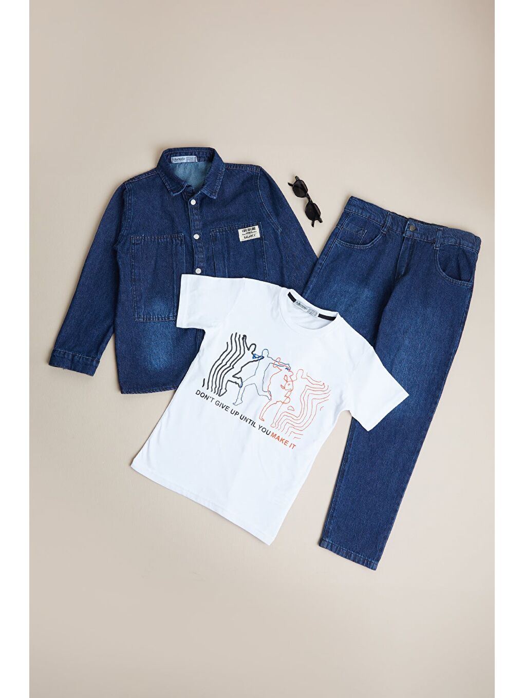 Mavi Düğmeli Polo Yaka Erkek Çocuk Jean 3 Lü Takım