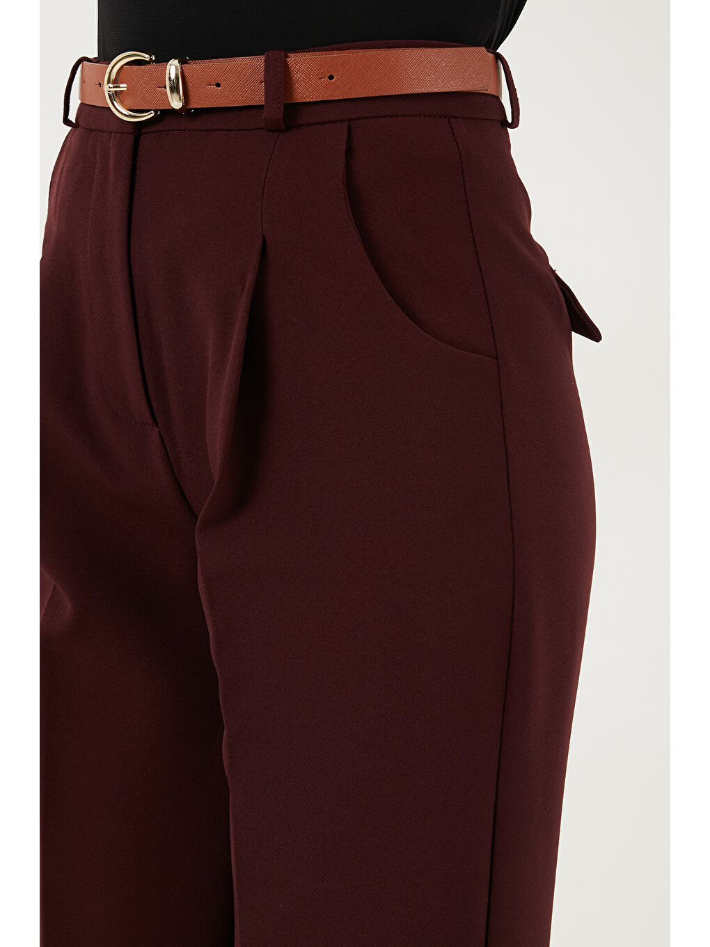 Mürdüm Regular Fit Yüksek Bel Düz Paça Kemerli Pantolon 68350938-4