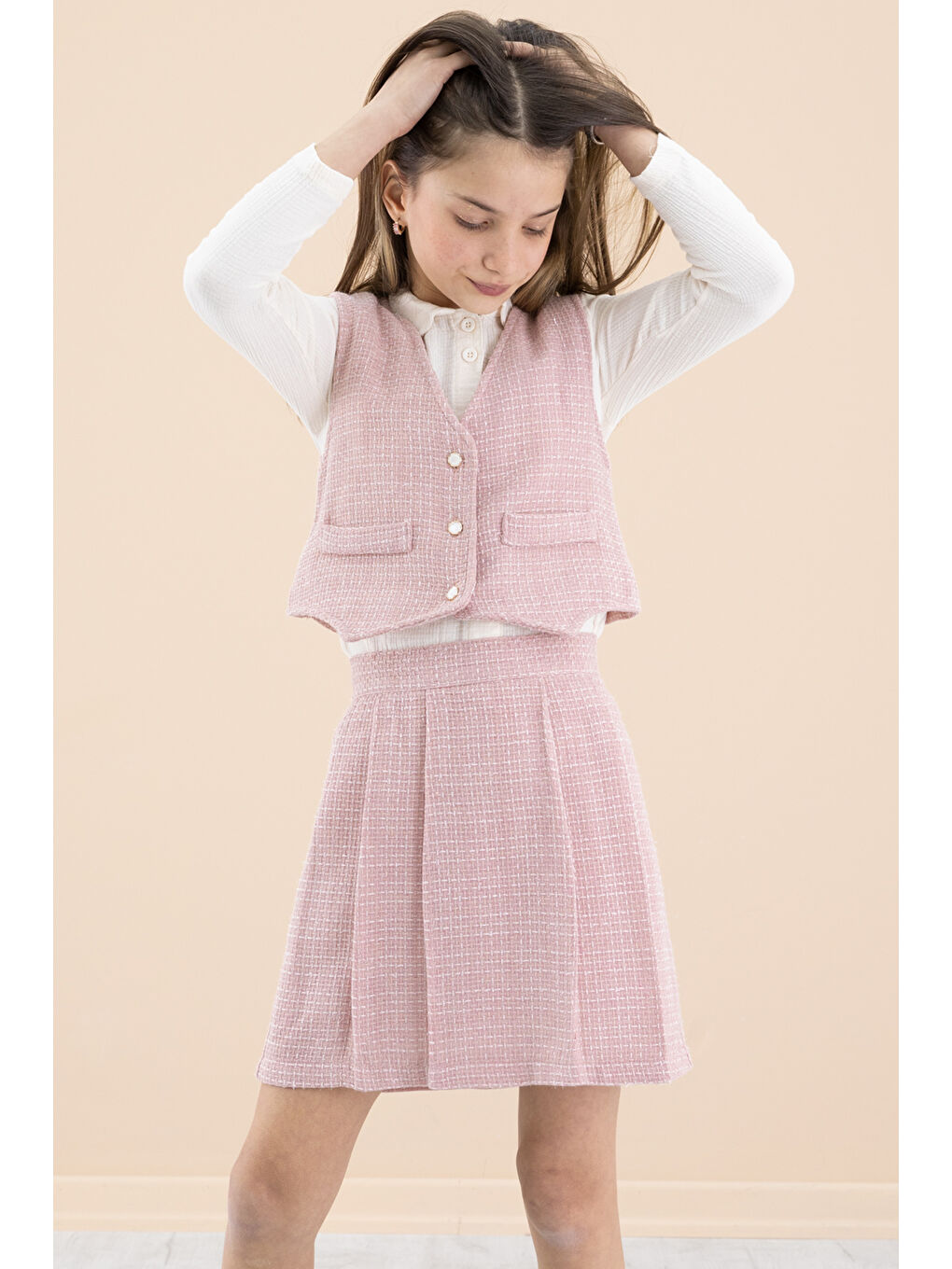 Pembe Simli Yelekli Etekli Kız Çocuk Gömlekli 3lü Takım 20234-4