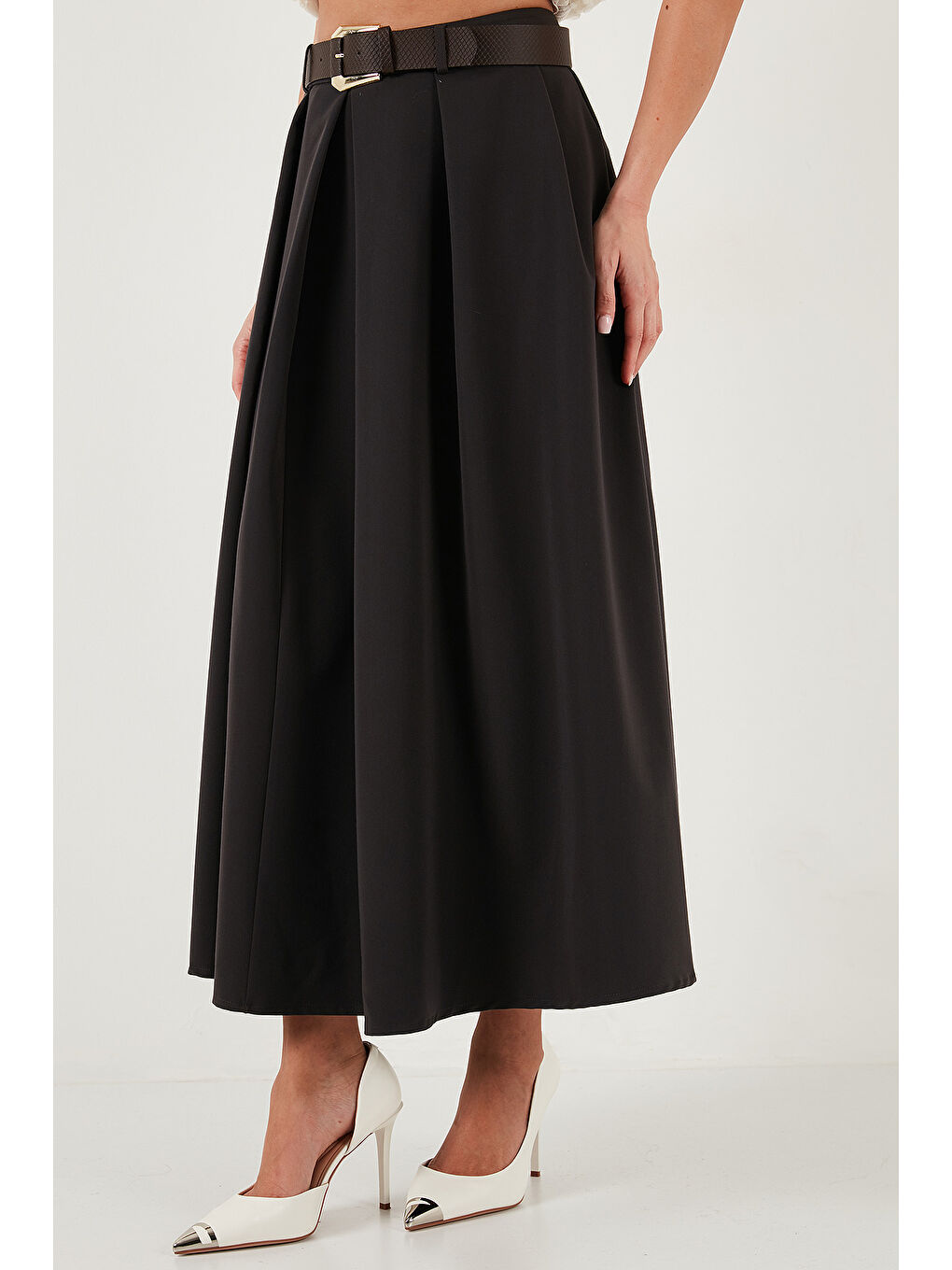 Kahverengi Modest Kemerli Comfort Fit Yüksek Bel Pileli Kloş Uzun Tesettür Etek 6833360-5