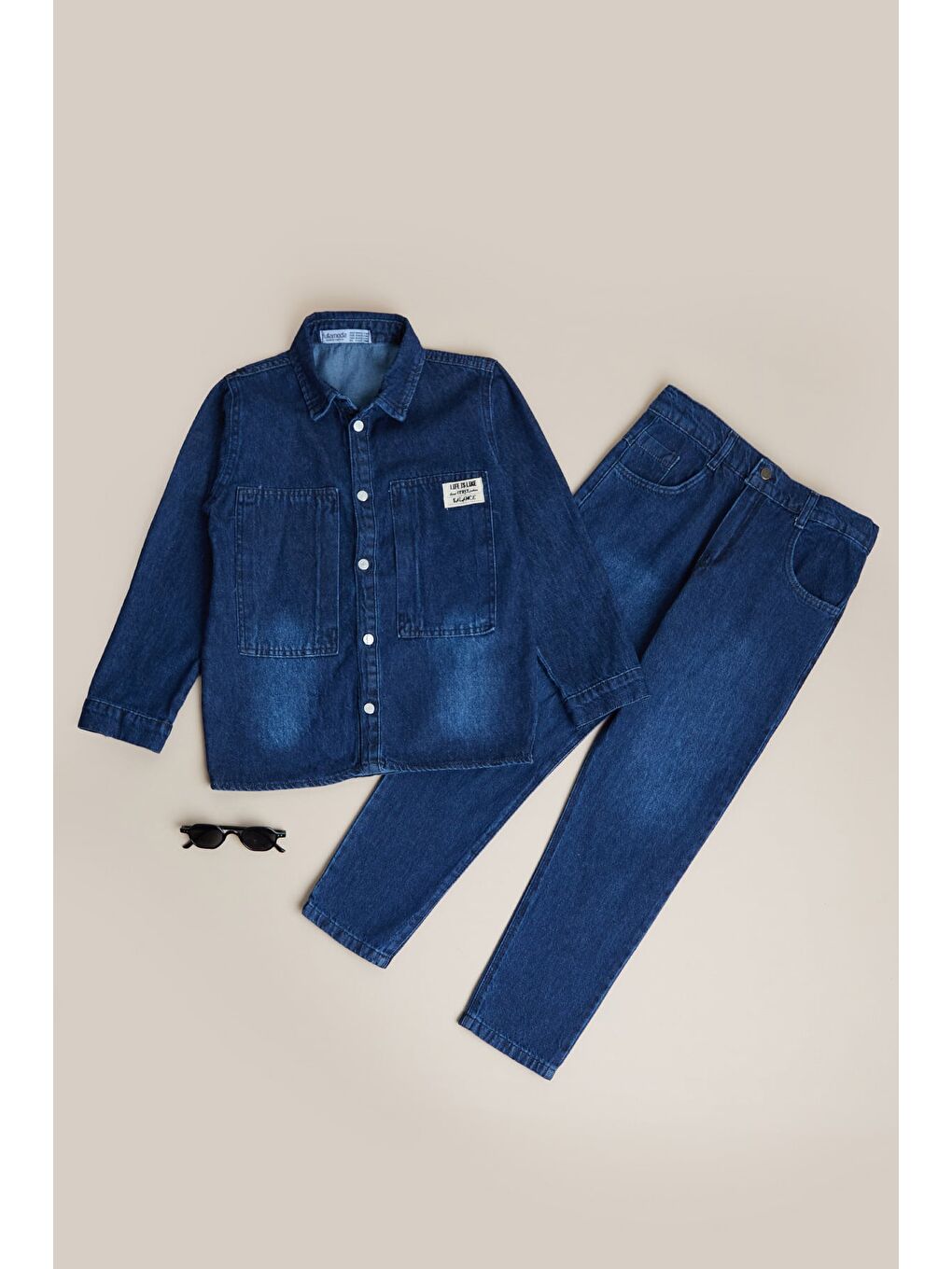 Mavi Düğmeli Polo Yaka Erkek Çocuk Jean 3 Lü Takım-1