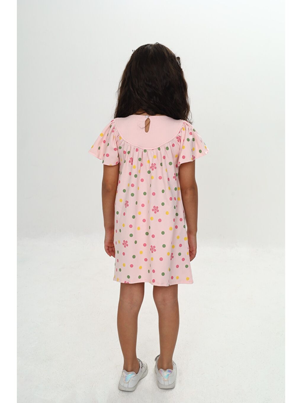 Pembe Kız Çocuk Renkli Çiçek Nakışlı Elbise-2