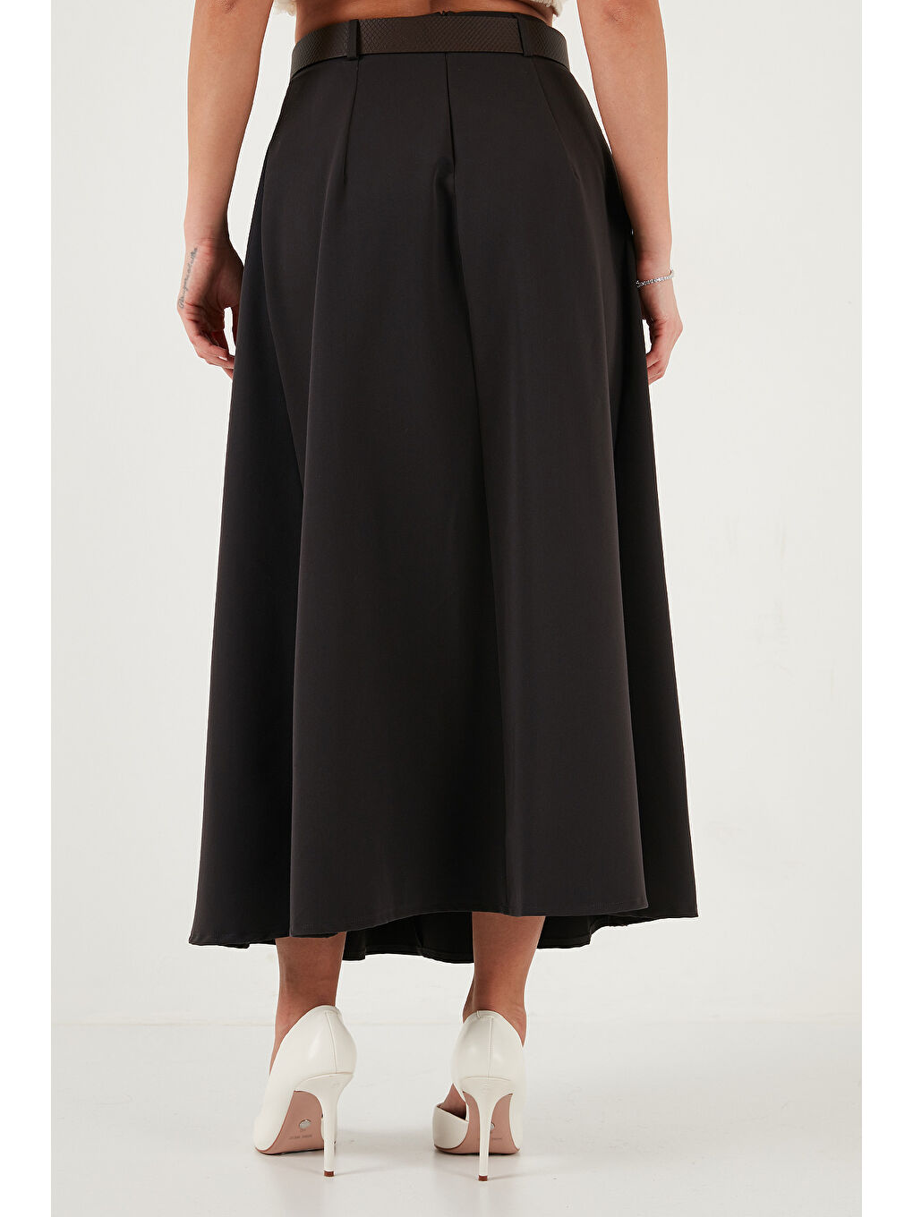 Kahverengi Modest Kemerli Comfort Fit Yüksek Bel Pileli Kloş Uzun Tesettür Etek 6833360-6