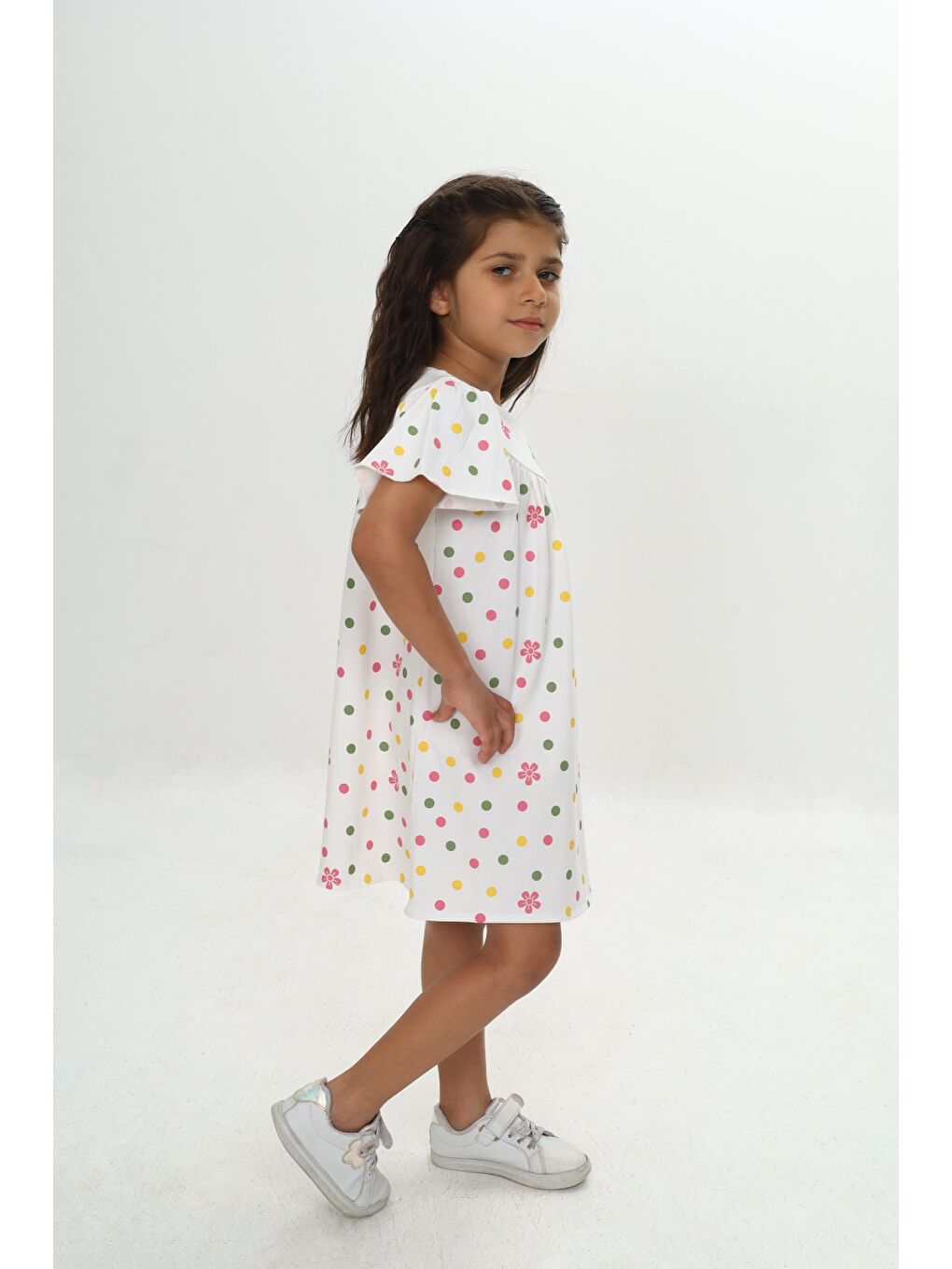 Ekru Kız Çocuk Renkli Çiçek Nakışlı Elbise-2