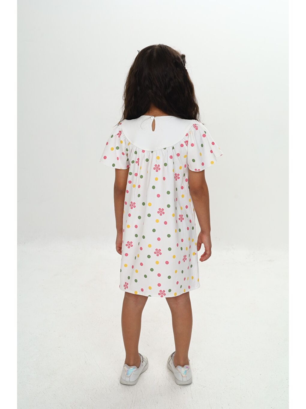 Ekru Kız Çocuk Renkli Çiçek Nakışlı Elbise-3