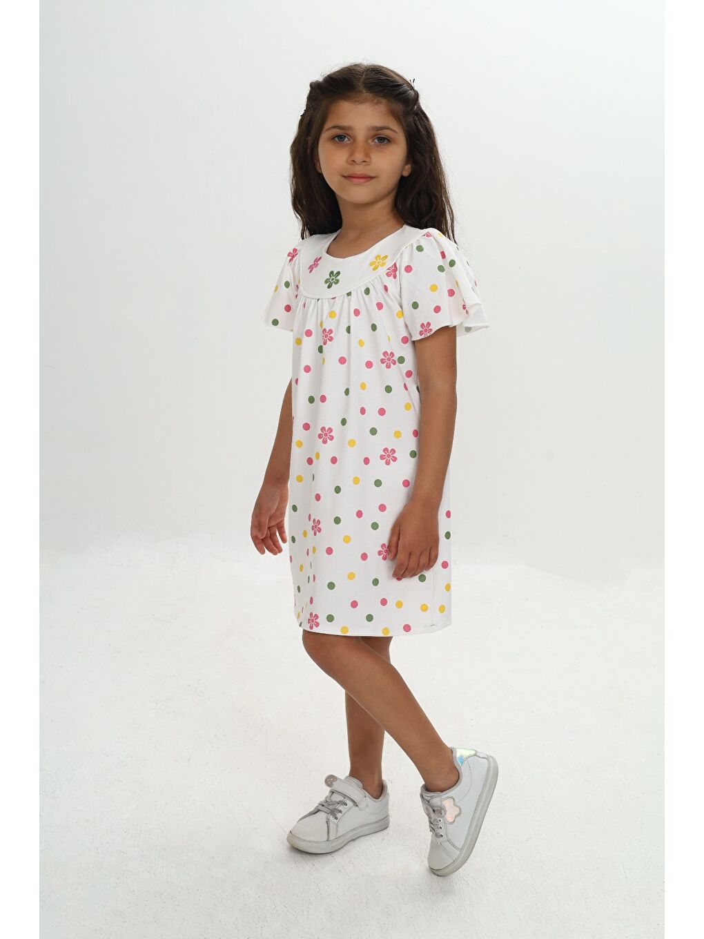 Ekru Kız Çocuk Renkli Çiçek Nakışlı Elbise-4