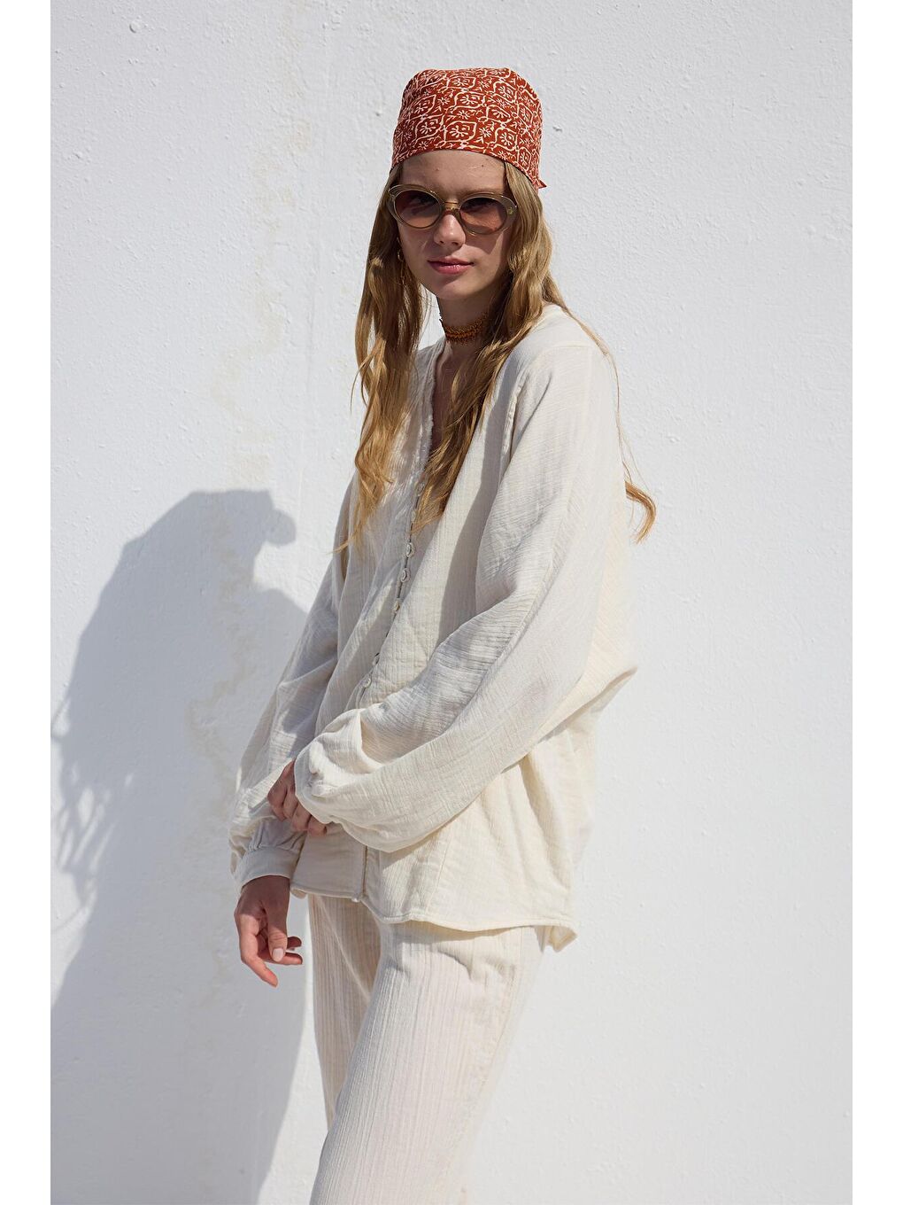 Muslin Düğmeli Gömlek Ekru-4