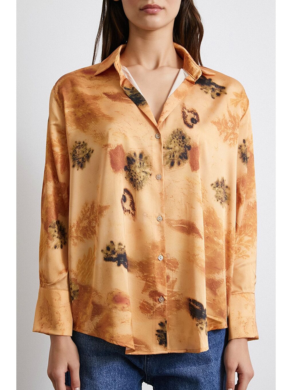 Pembe V Yaka Desenli Gömlek Somon-1