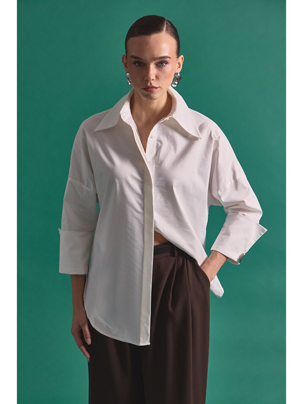 Düğme Detaylı Gömlek - Ekru-1