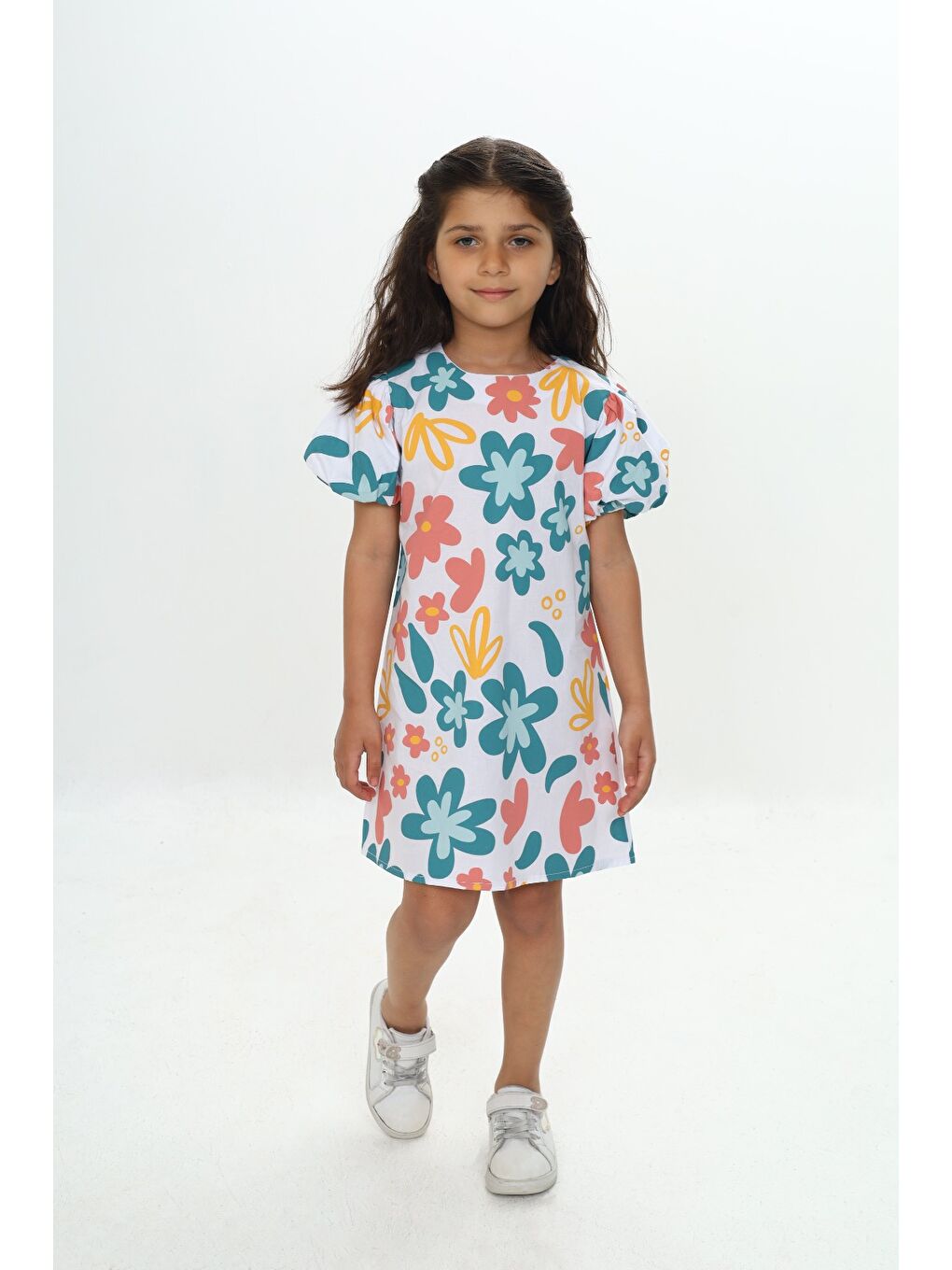 Beyaz Kız Çocuk Komple Çiçek Baskılı Elbise-2